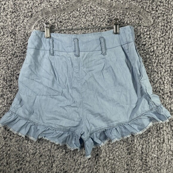 SINCERELY Jules High Waisted Belted Paperbag Chambray Blue Ruffled Shorts Sz Sm - Picture 2 of 9